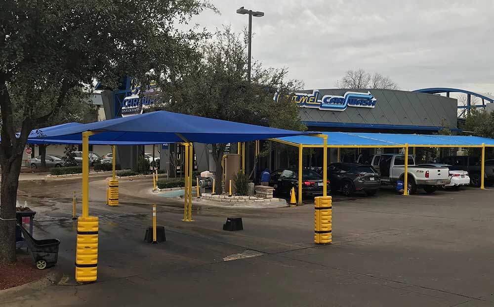 Covered shade canopy for drying and detailing car wash customers' vehicles